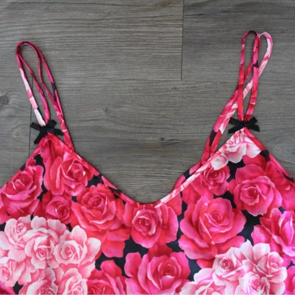 Vintage Y2K Rose Floral Print Pink Coquette Bow Lingerie Slip Dress - Picture 3 of 7